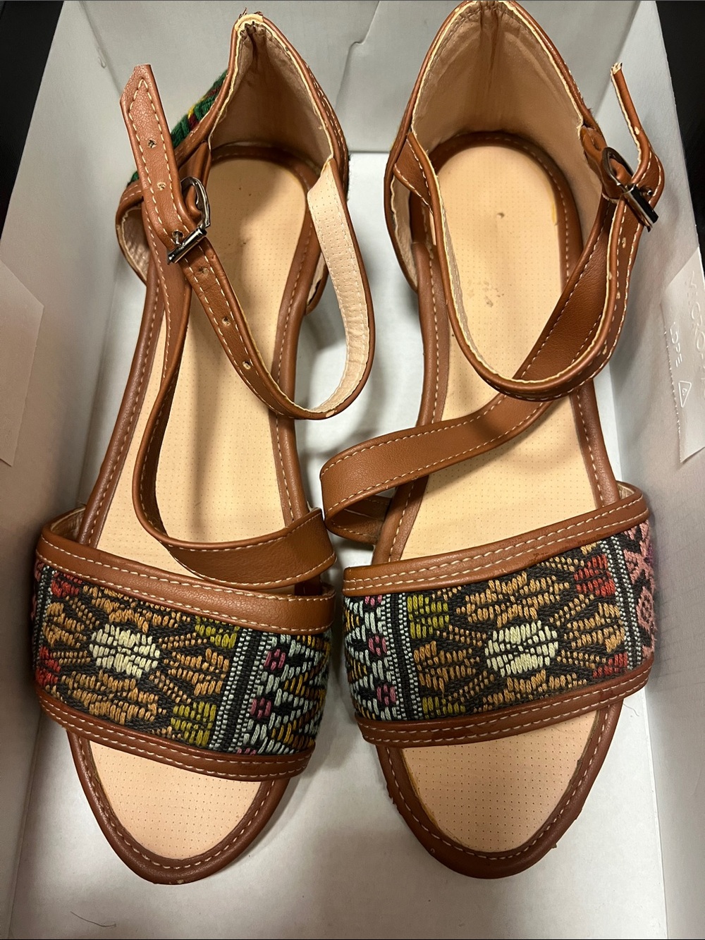Brown Leather Ankle-Strap Sandals with Woven Multi-Color Front and Back